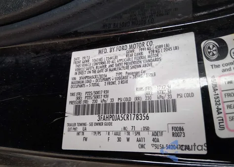 2012 Ford Fusion Sel from USA, damaged, VIN 3FAHP0JA5CR178356